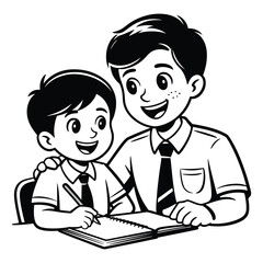 Cartoon teacher tutoring student, educational guidance and study support black and white illustration