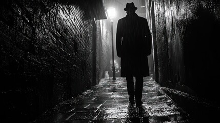 Man walking down a dark alley at night