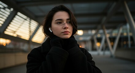 Fototapeta premium expressionism, young woman with fair skin and slightly wind-blown dark hair, wearing Apple AirPods Max and dark winter clothing, standing still and looking at the camera with a contemplative expressio