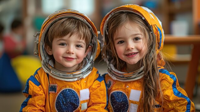 Two children in astronaut costumes
