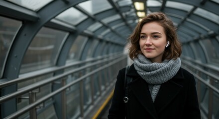 Obraz premium a young white woman with blue eyes and light brown hair walking down an outdoor metallic ramp in a modern metro or bus station during a cold morning