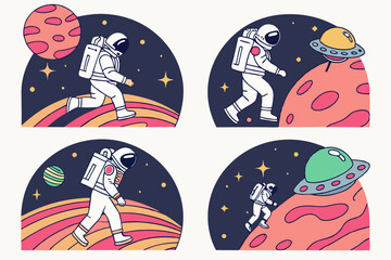 Retro Cartoon Astronauts in Space Exploring Planets and UFO Vector Art