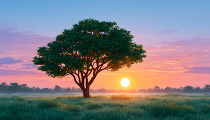 Obraz premium Solitary tree in misty field at vibrant sunset