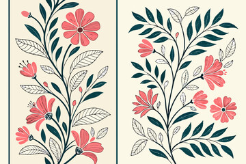 Pink Flowers and Leaves Botanical Illustration