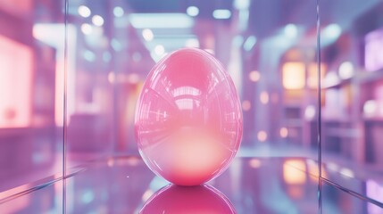 Naklejka premium Pink Easter Egg on Display Case with Glass Reflections and Bokeh