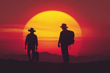 Fototapeta premium Sunset silhouettes of travelers exploring mountain landscapes with bright colors