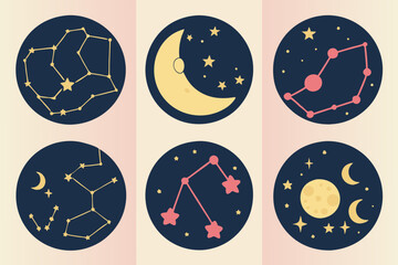 Night Sky Constellations Moon Stars Vector Icons Set