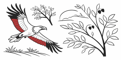 Black and White Eagle Olive Tree Nature Line Drawing