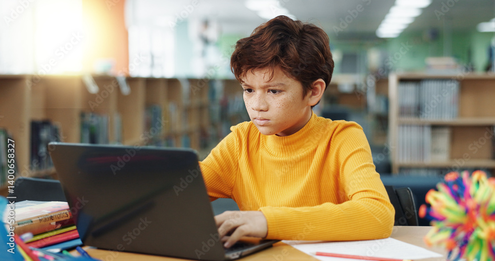 Poster student, library and kid on laptop for online class, remote education and e learning with knowledge.