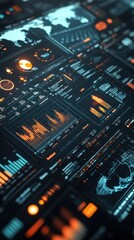 Futuristic data visualization dashboard with graphs and maps