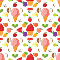 Seamless pattern with ice cream, fruits and berries in bright colors, perfect for summer prints, kids products, packaging, fabrics, wallpapers