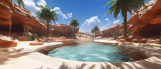 Desert oasis with palm trees water and rock formations under a blue sky.