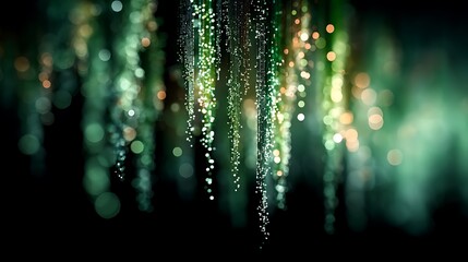 Radiant digital data nodes pulsating in a gradient green and black background,