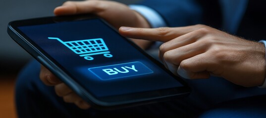 Businessman Using Mobile Phone for Online Shopping, Touching BUY Button on Virtual Screen