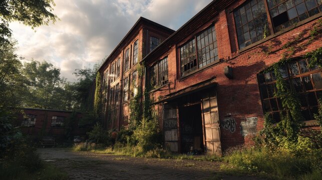 Abandoned red brick industrial buildings overgrown with vegetation under dramatic skies, evoking a sense of decay and urban exploration