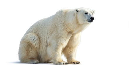 Fototapeta premium Majestic Polar Bear on White Background - Powerful, serene polar bear sitting, symbolizing arctic wildlife, climate change impact, wilderness beauty, strength, and conservation