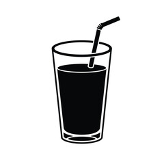 Black Silhouette Of Glass With Juice And Straw On White Background