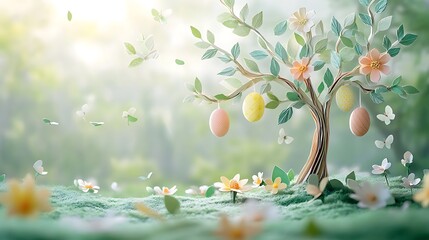 A decorative paper-cut tree adorned with pastel Easter eggs hanging from delicate branches, surrounded by spring leaves and blooming flowers,