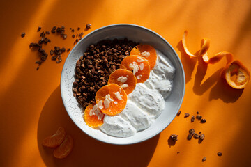 Granola with yogurt, fruits, chia seeds and nuts in a bowl. Chocolate granola with tangerine and yogurt, top view