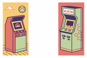 Colorful Arcade Game Machines Retro Vintage Flat Design Vector Art Illustration