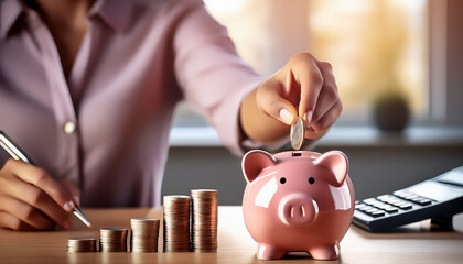 Close up de una mano de mujer metiendo una moneda en una hucha de cerdito rosa junto a una pila de monedas y una calculadora, con un bolígrafo en la mano haciendo cuentas y ahorrando