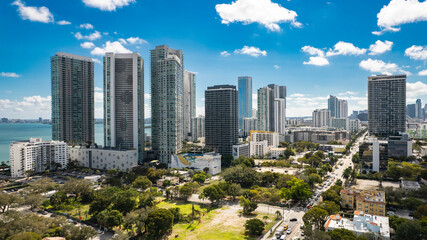 Miami, Florida - Feb 11, 2025: Aerial view of Edgewater condos from Midtown Miami with Biscayne Bay and high-rise skyline