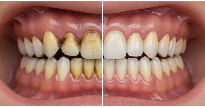 Smokers Stained Teeth Before and After Professional Cleaning - Illustrative comparison of stained teeth before and after a dental cleaning. Shows the impact of smoking on teeth