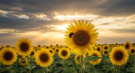 Obraz premium Sunlit Sunflower Field at Sunset - A stunning field of sunflowers basks in the golden light of a setting sun, a bee enjoying the pollen