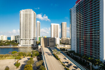 Hallandale Beach, Florida - Feb 12, 2025: The skyline of Hallandale Beach with high-rise condos,...