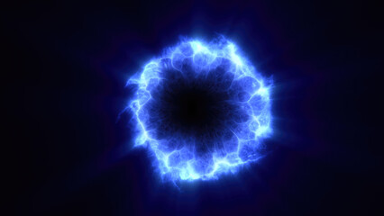 A dynamic burst of electric blue energy sphere radiating from a central point against a dark background, representing power and motion background