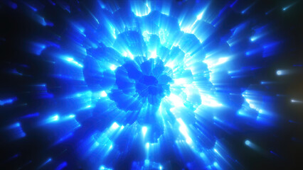Intense blue energy blast with glowing particle effect and abstract futuristic digital explosion concept background