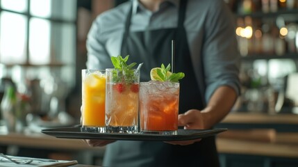 Waiter serving drinks at a restaurant. Featuring hospitality and service