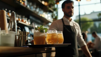 Waiter serving drinks at a restaurant. Featuring hospitality and service