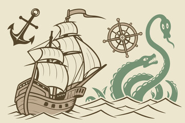 Retro Nautical Sailing Ship Kraken Sea Monster Cartoon Vector Clip Art