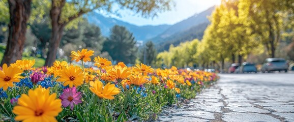 Obraz premium Vibrant flowers line a city street