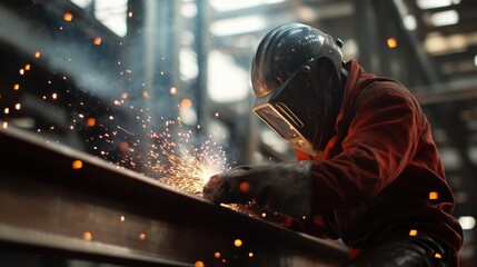 Welder wearing protective gear while welding metal beams. Featuring safety and precision