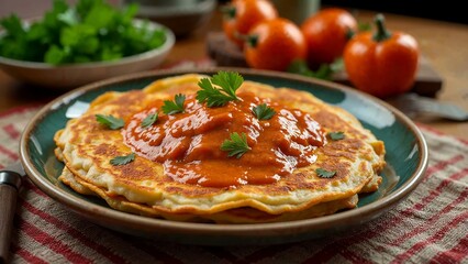 Hortob&aacute;gyi palacsinta: savory pancakes filled with minced meat and creamy paprika sauce on a vintage Hungarian tablecloth