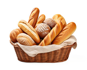 Basket with assorted bread loaves isolated on a transparent background