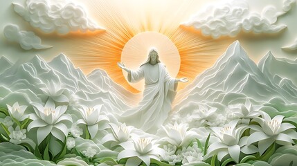 A paper-cut illustration of Jesus rising from the tomb at dawn, radiant light rays bursting from behind, white lilies blooming at his feet, layered mountains and a pastel sky in the background,