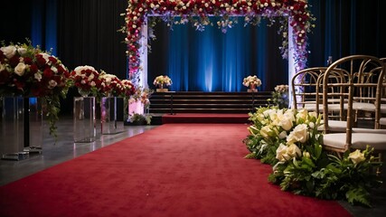 Elegant red carpet leading to a beautifully decorated stage  