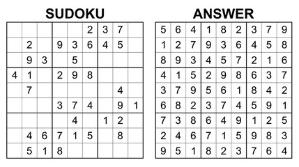 Vector sudoku with answer 24. Educational game with numbers for kids and leisure for adult on white background.