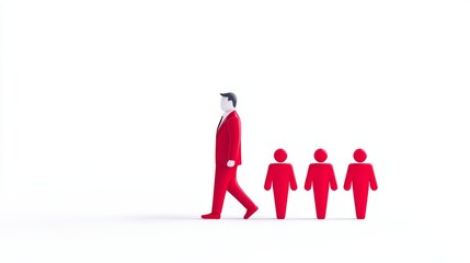 Business Leader in Red Suit Walking with Team of Red Figures in Minimalist Design on White Background