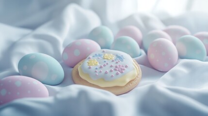 Obraz premium Pastel Easter Eggs and Cookie on White Silk Fabric Still Life