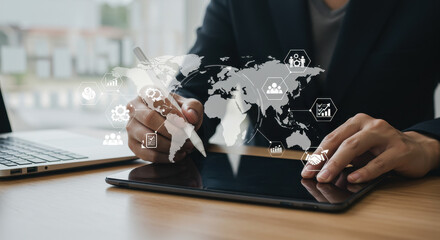  Global Business Strategy: Man Analyzing World Map on Tablet with Digital Icons for Growth, Collaboration, and Success