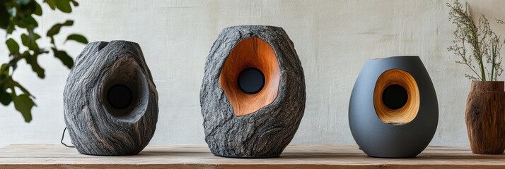 Fototapeta premium Creative acoustic speakers designed to resemble natural elements like bark and mountain stone for organic sound experiences
