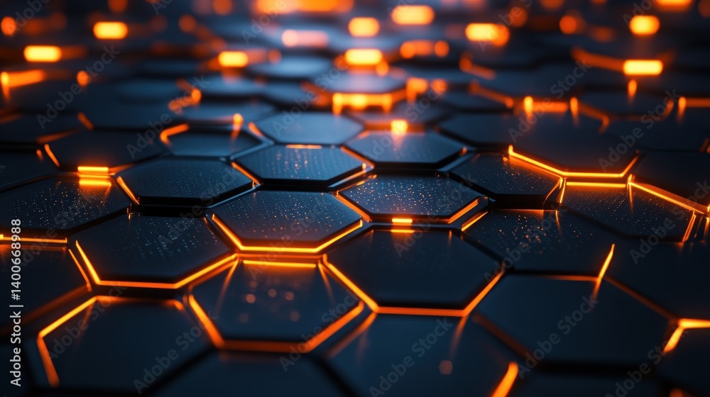 Poster glowing hexagonal pattern on dark surface with depth