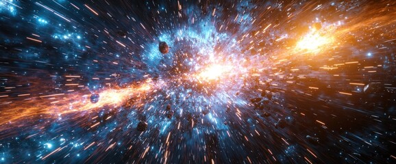 Cosmic explosion, fragments of matter flying apart