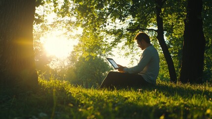 Man Using Tablet Sitting on Grass in Sunny Park Environment