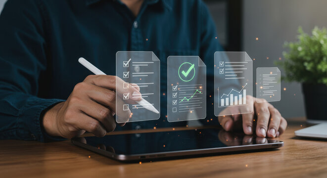 Digital Checklist: Man Using Tablet for Online Forms, Data Analysis & Workflow Automation. Go Paperless & Boost Productivity!