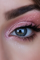 Naklejka premium Beauty female woman eye close up macro detail pink glitter eyeshadow makeup look. Cosmetic and skincare concept background.